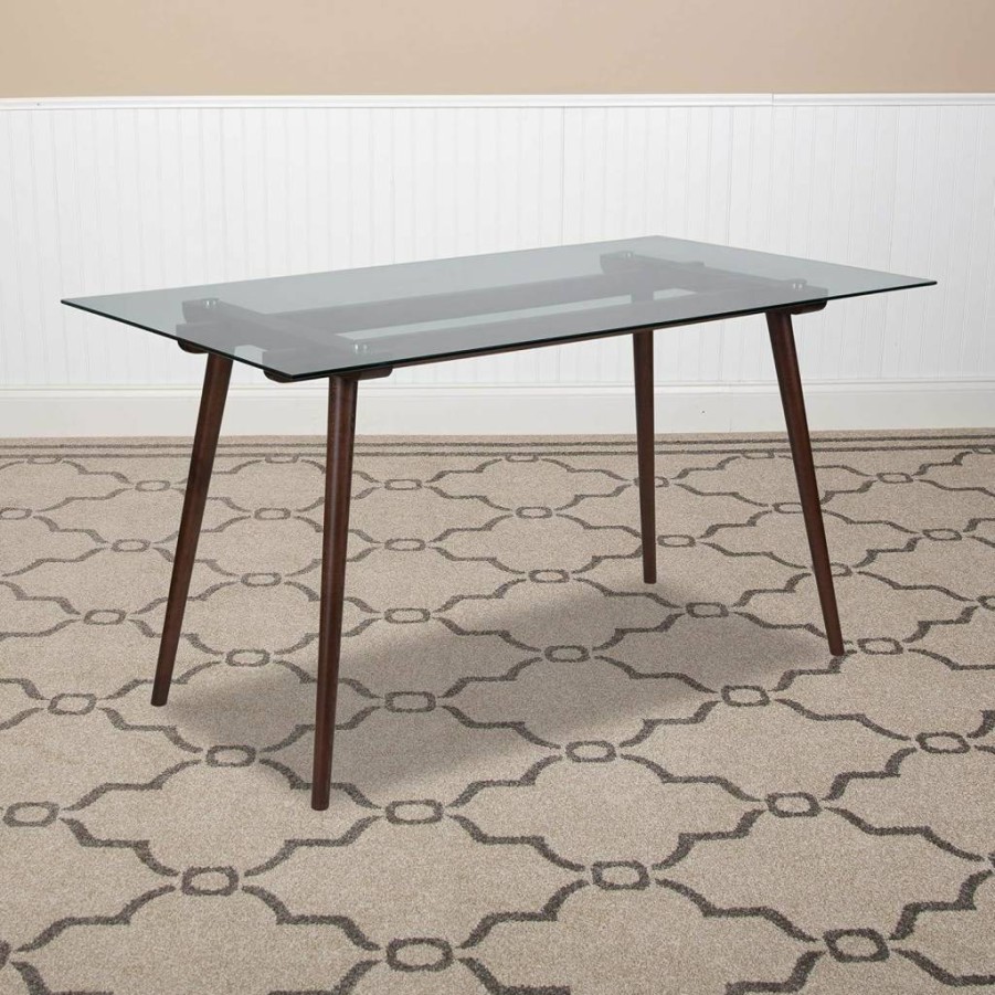 Flash Furniture Meriden 55" Rectangular Walnut Wood Dining Table with Tempered Glass Top
