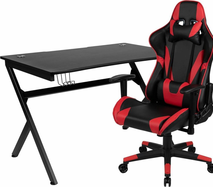 Flash Furniture Black Gaming Desk and Chair Set with Recliner, Cup Holder, Headphone Hook & Cable Management