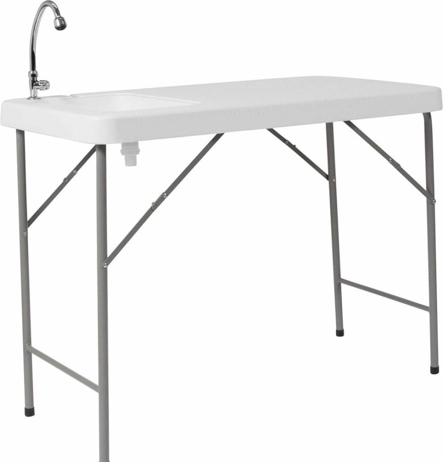 Flash Furniture 4-Foot Portable Folding Fish Cleaning Table with Stainless Steel Sink, Faucet & Hose Attachment - White Outdoor Camping Sink Station