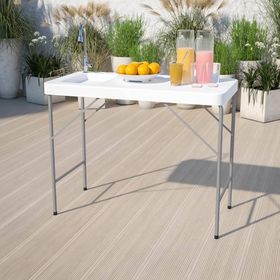 Flash Furniture 4-Foot Portable Folding Fish Cleaning Table with Stainless Steel Sink, Faucet & Hose Attachment - White Outdoor Camping Sink Station
