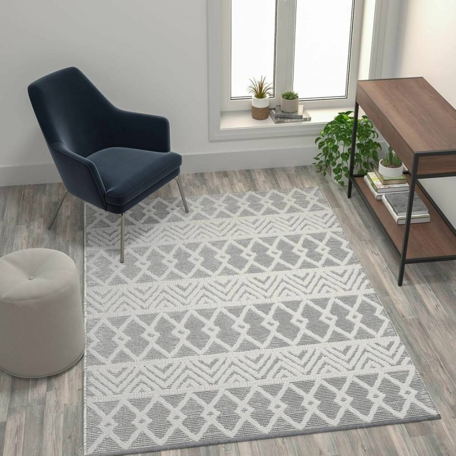 Flash Furniture Danna 5'x7' Geometric Area Rug - Hand Woven Gray & Ivory Diamond Design - Polyester/Cotton Blend Rug for Indoor Use on Most Floors
