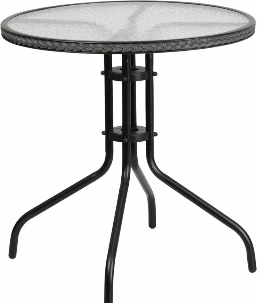Flash Furniture 28-Inch Round Glass Top Dining Table with Rattan Edge - Dark Brown Metal Base