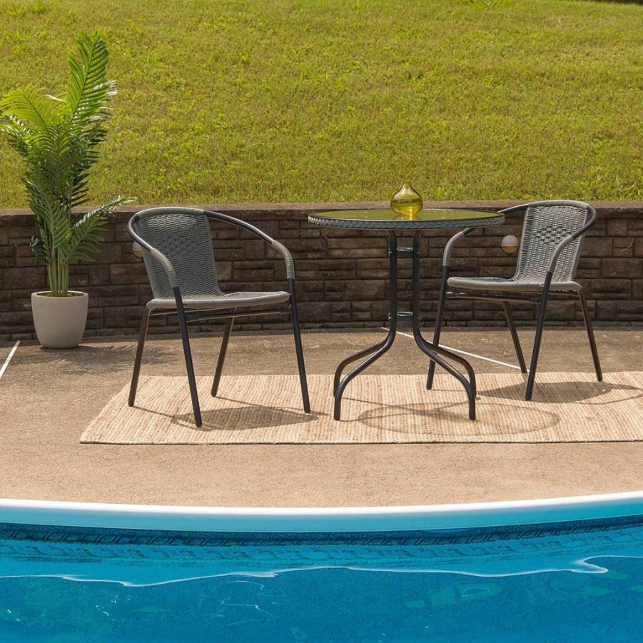 Flash Furniture 28-Inch Round Glass Top Dining Table with Rattan Edge - Dark Brown Metal Base