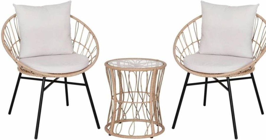 Flash Furniture 3-Piece Devon Bistro Set with Papasan Chairs & Glass Table, Indoor/Outdoor Rattan Rope Furniture, Light Gray Cushions, Tan Finish