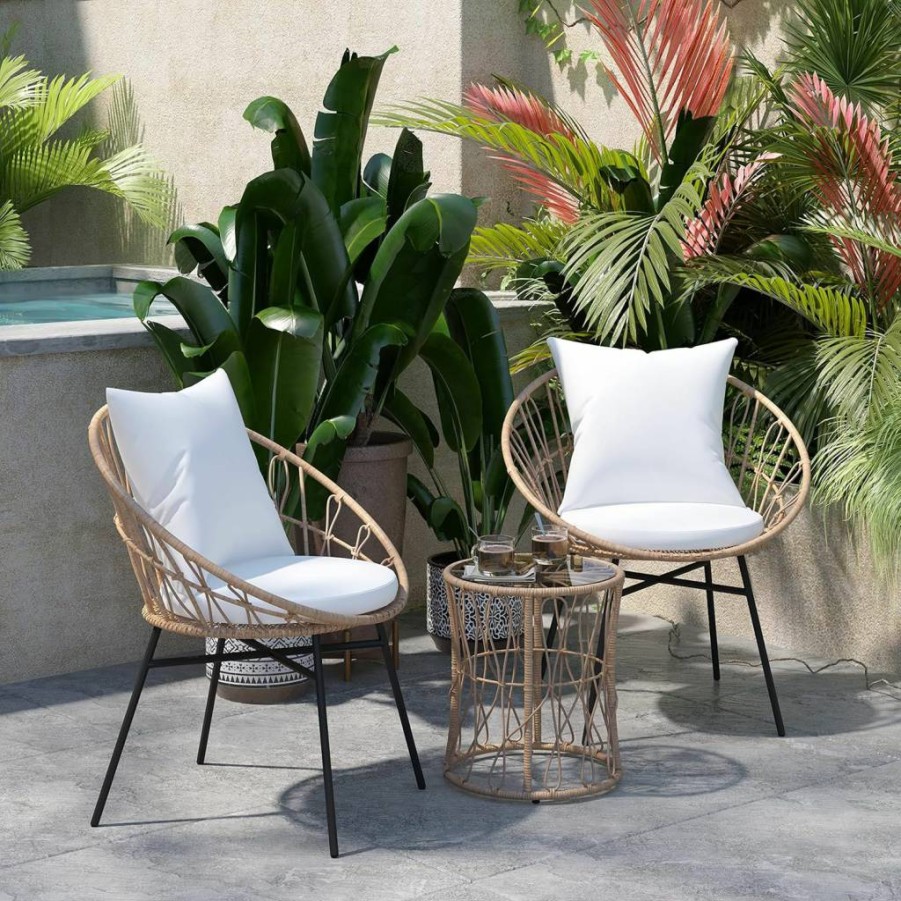 Flash Furniture 3-Piece Devon Bistro Set with Papasan Chairs & Glass Table, Indoor/Outdoor Rattan Rope Furniture, Light Gray Cushions, Tan Finish