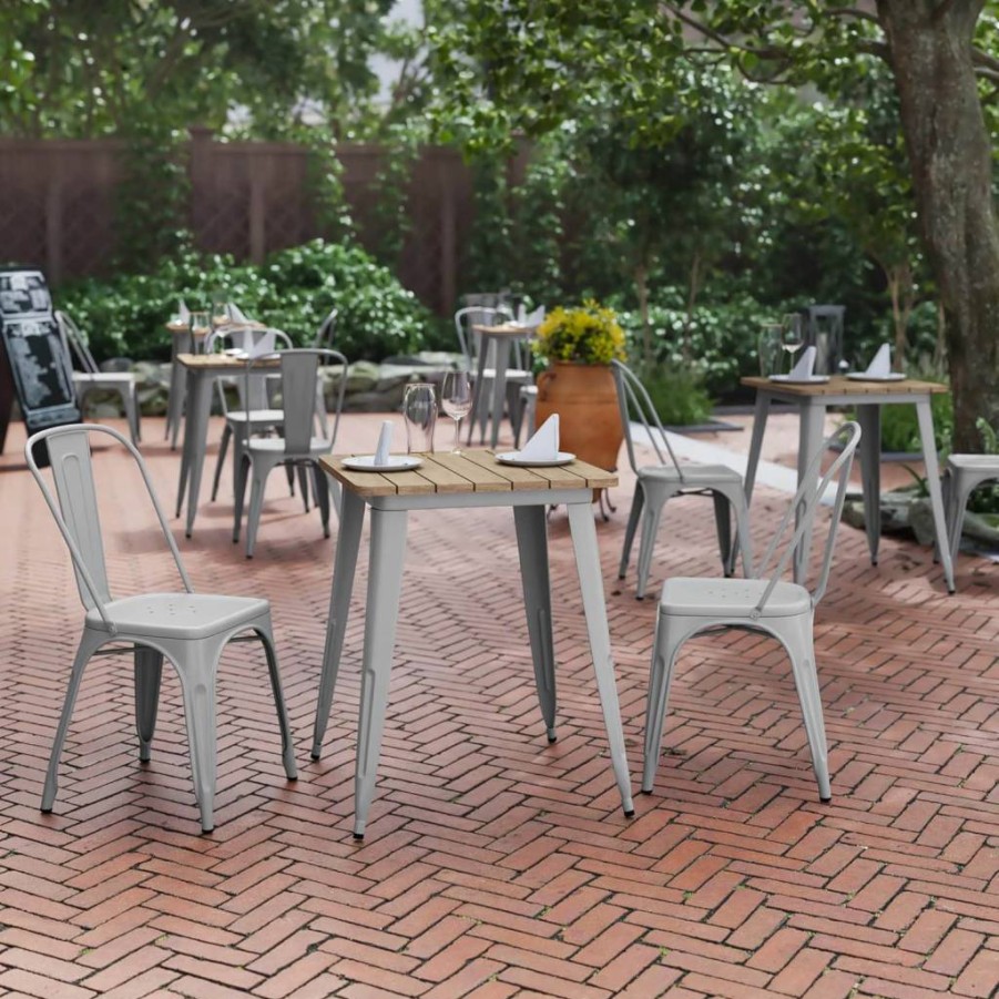 Flash Furniture Declan 24" Square Outdoor Dining Table - All-Weather Poly Resin Top & Steel Base in Brown/Black for Commercial Use