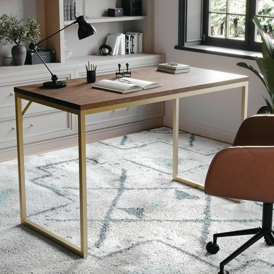 Martha Stewart Noah Home Office Parsons Desk - Gray Wood Grain Finish with Oil-Rubbed Bronze Metal Frame, Modern Writing Desk for Workspace