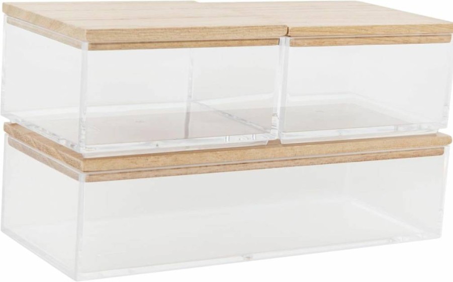Martha Stewart 3-Pack Clear/White Plastic Storage Bins with Wood Lids - Small & Medium Organizer for Home, Office, Kitchen, Bathroom