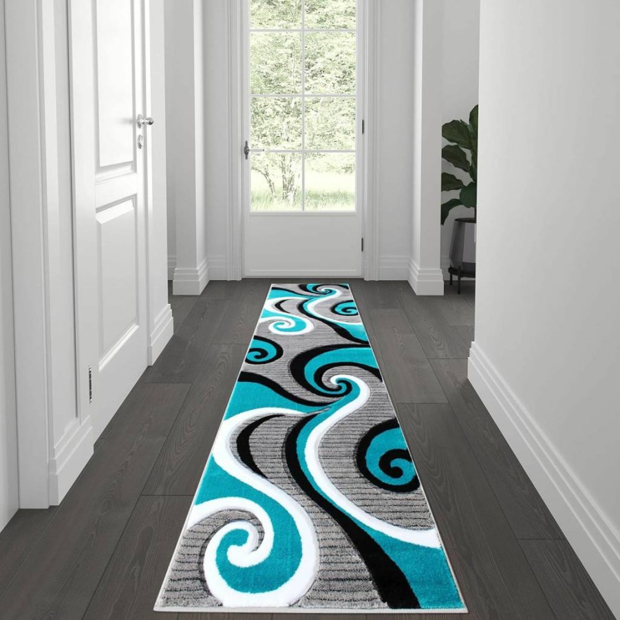 Flash Furniture Athos Collection Abstract Turquoise Area Rug - 3'x10' High-Low Pile Olefin Rug with Jute Backing for Living Room, Bedroom, Entryway