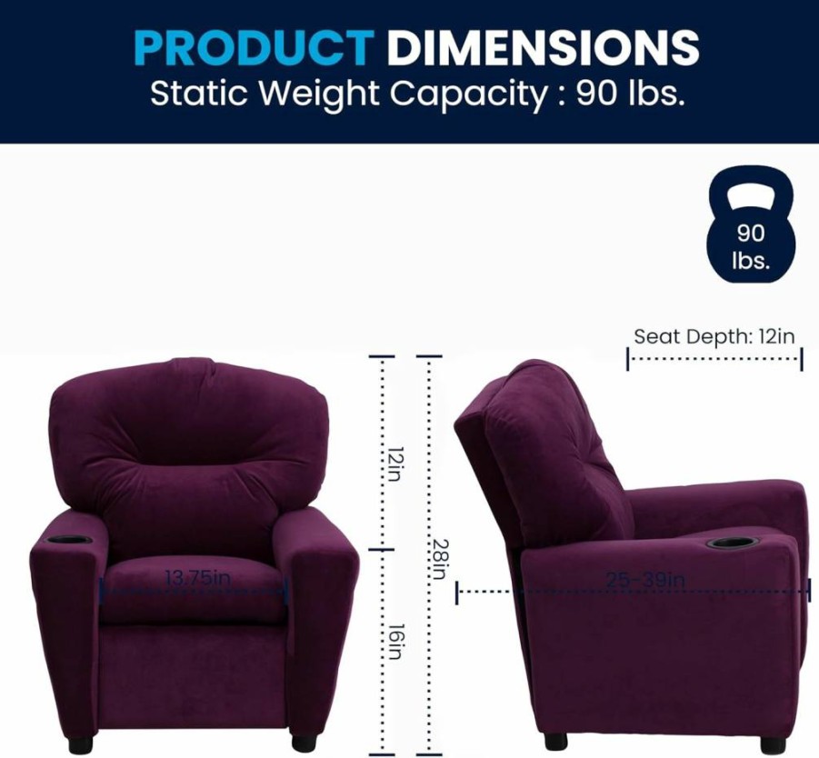 Flash Furniture Kids Leathersoft Recliner Chair with Cup Holder, Safety Recline Mechanism, 90 lbs Weight Capacity, Contemporary Black Design