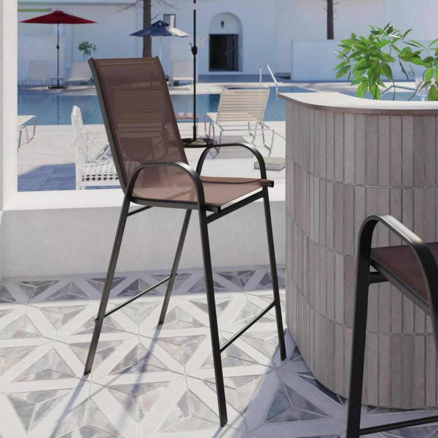 Flash Furniture Brazos Series 4-Pack Black Outdoor Bar Stools with Flex Comfort Seat & Durable Metal Frame