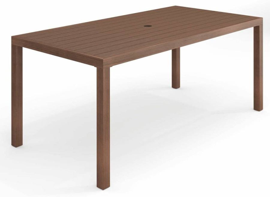 Martha Stewart 62" Gray Aluminum Patio Table with Umbrella Hole - Indoor-Outdoor Use - Brushed Woodgrain Finish