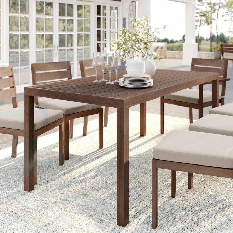 Martha Stewart 62" Gray Aluminum Patio Table with Umbrella Hole - Indoor-Outdoor Use - Brushed Woodgrain Finish