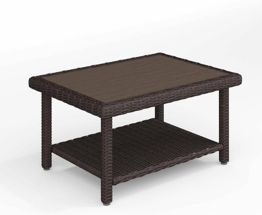Martha Stewart Gray Faux Wood Coffee Table with Rattan Wicker Finish and Lower Shelf for Indoor-Outdoor Patio Use