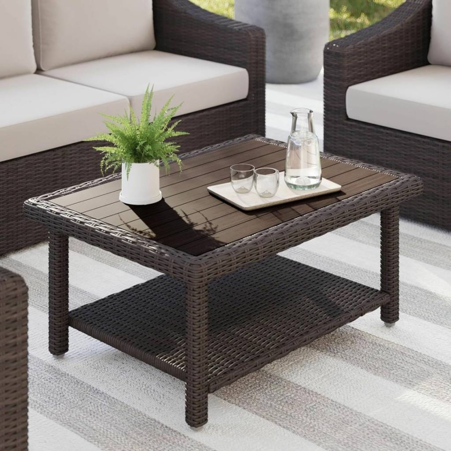 Martha Stewart Gray Faux Wood Coffee Table with Rattan Wicker Finish and Lower Shelf for Indoor-Outdoor Patio Use