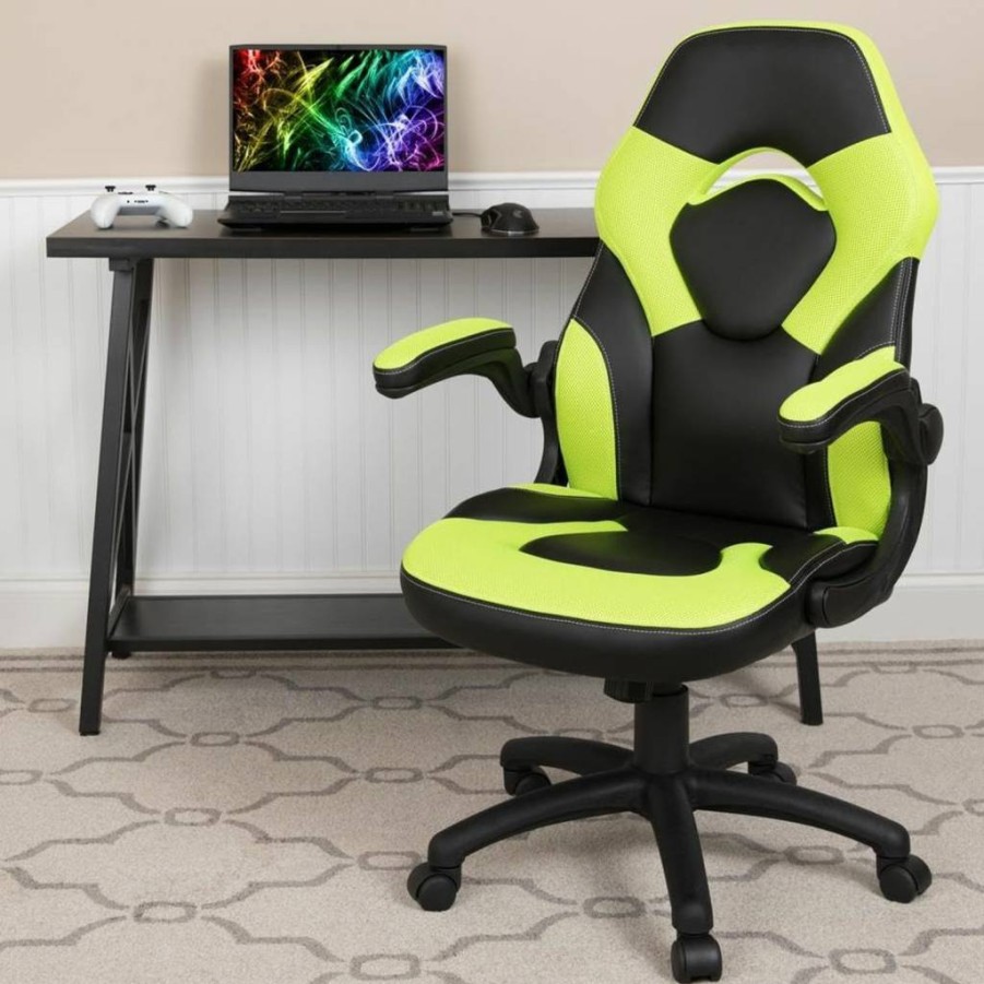 Flash Furniture X10 Gaming Chair - Ergonomic Racing Office Chair with Adjustable Swivel & Flip-Up Arms, Neon Green/Black Leathersoft for PC Gamers