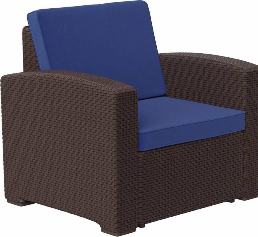 Flash Furniture Seneca Brown Faux Rattan Outdoor Chair with Beige All-Weather Cushion