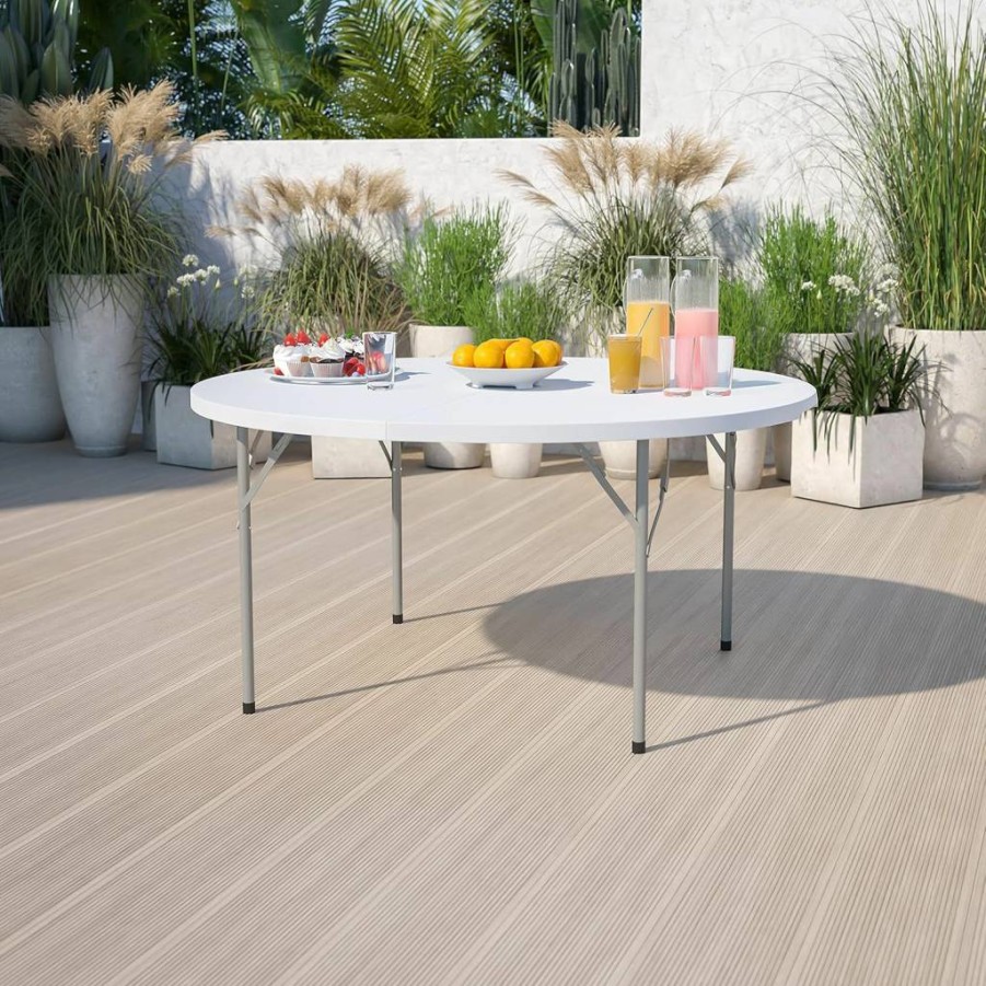 Flash Furniture Elon 5-Foot Round White Plastic Folding Table - Granite Finish, Space-Saving Design