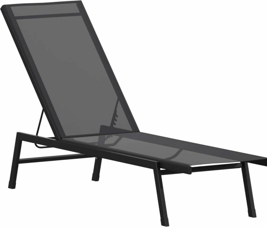 Flash Furniture Brazos 2-Piece Outdoor Chaise Lounge Set, Adjustable Recliners, All-Weather Black/Gray Patio Chairs, 5-Position Deck Chairs
