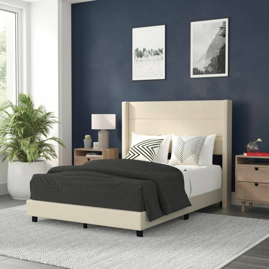 Flash Furniture Queen Upholstered Platform Bed with Wingback Headboard - Beige Faux Linen - Slatted Mattress Foundation - No Box Spring Required