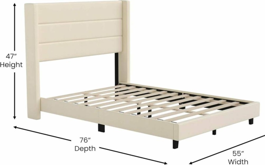 Flash Furniture Queen Upholstered Platform Bed with Wingback Headboard - Beige Faux Linen - Slatted Mattress Foundation - No Box Spring Required