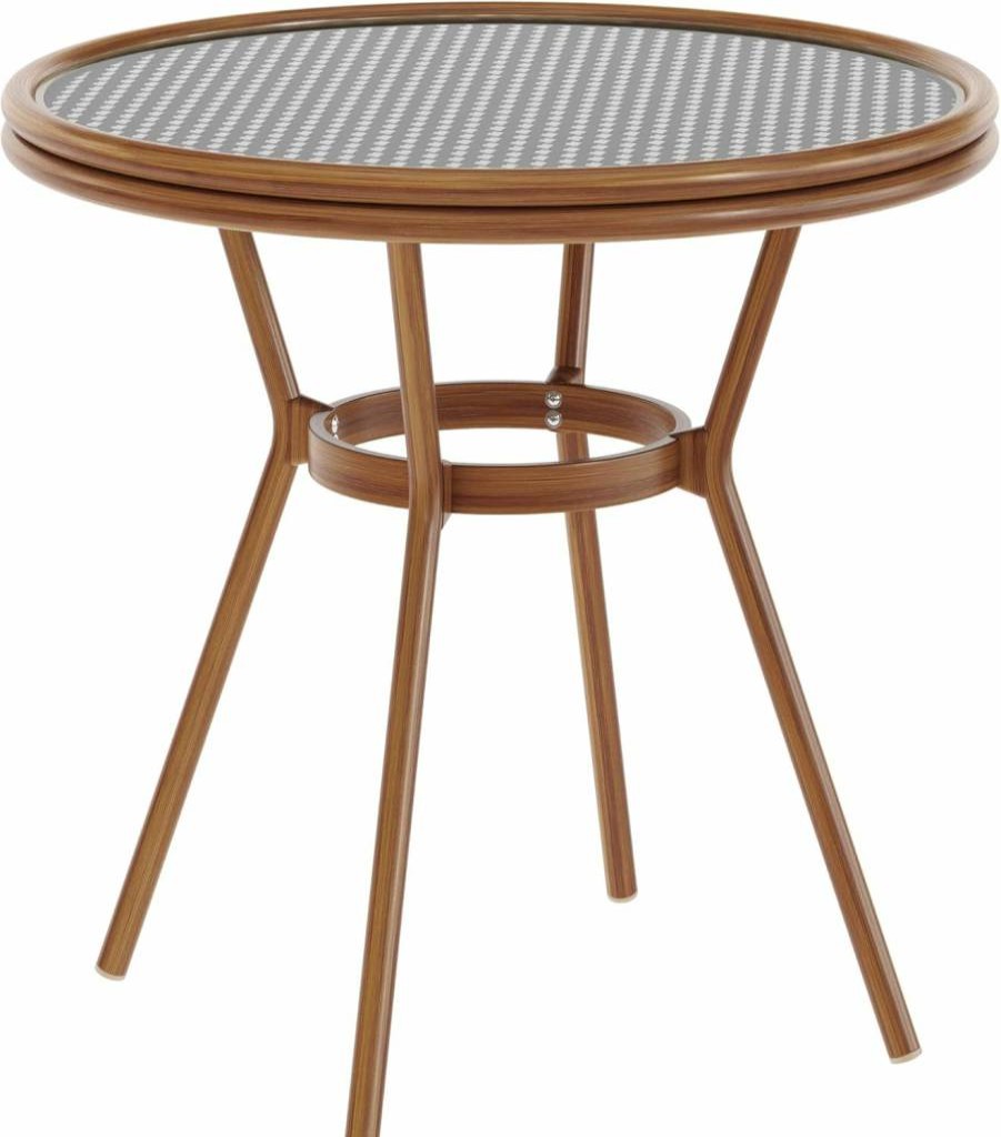 Flash Furniture 31.5" Lourdes Bistro Table - Navy/White PE Rattan & Tempered Glass Top - Indoor/Outdoor Commercial Use - Natural Bamboo Print Aluminum Frame