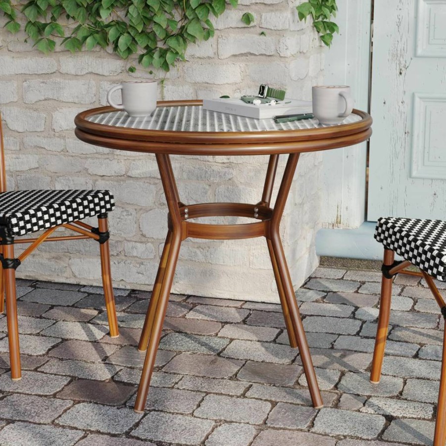 Flash Furniture 31.5" Lourdes Bistro Table - Navy/White PE Rattan & Tempered Glass Top - Indoor/Outdoor Commercial Use - Natural Bamboo Print Aluminum Frame