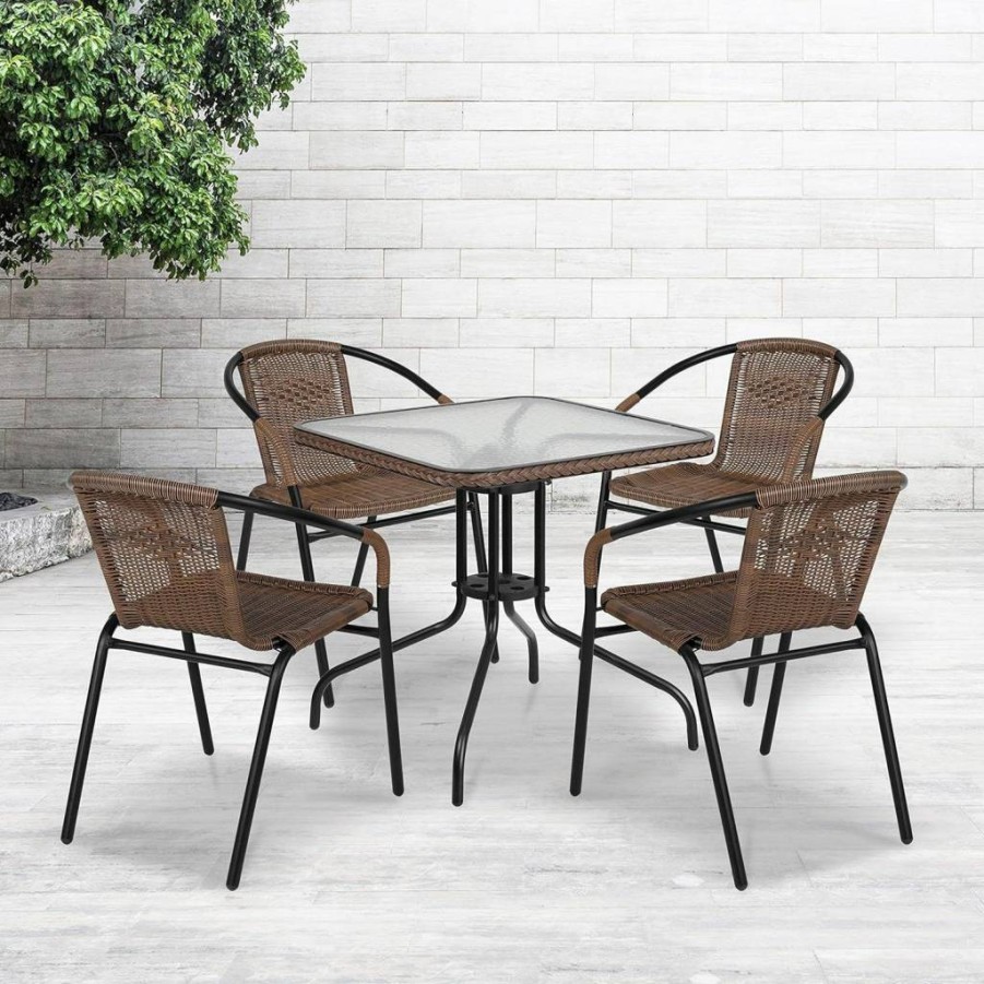 Flash Furniture Lila 28" Square Glass Dining Table with Dark Brown Rattan Chairs - 4-Piece Rattan Edge Patio Set