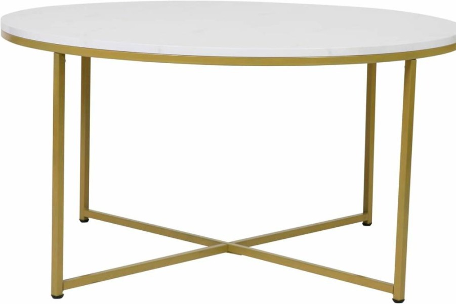 Flash Furniture Hampstead Modern Coffee Table - White Marble Top with Brushed Gold Crisscross Frame - Contemporary Living Room Center Table