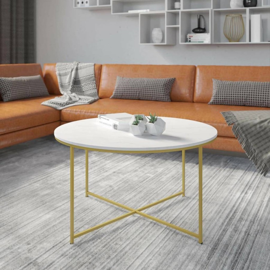 Flash Furniture Hampstead Modern Coffee Table - White Marble Top with Brushed Gold Crisscross Frame - Contemporary Living Room Center Table