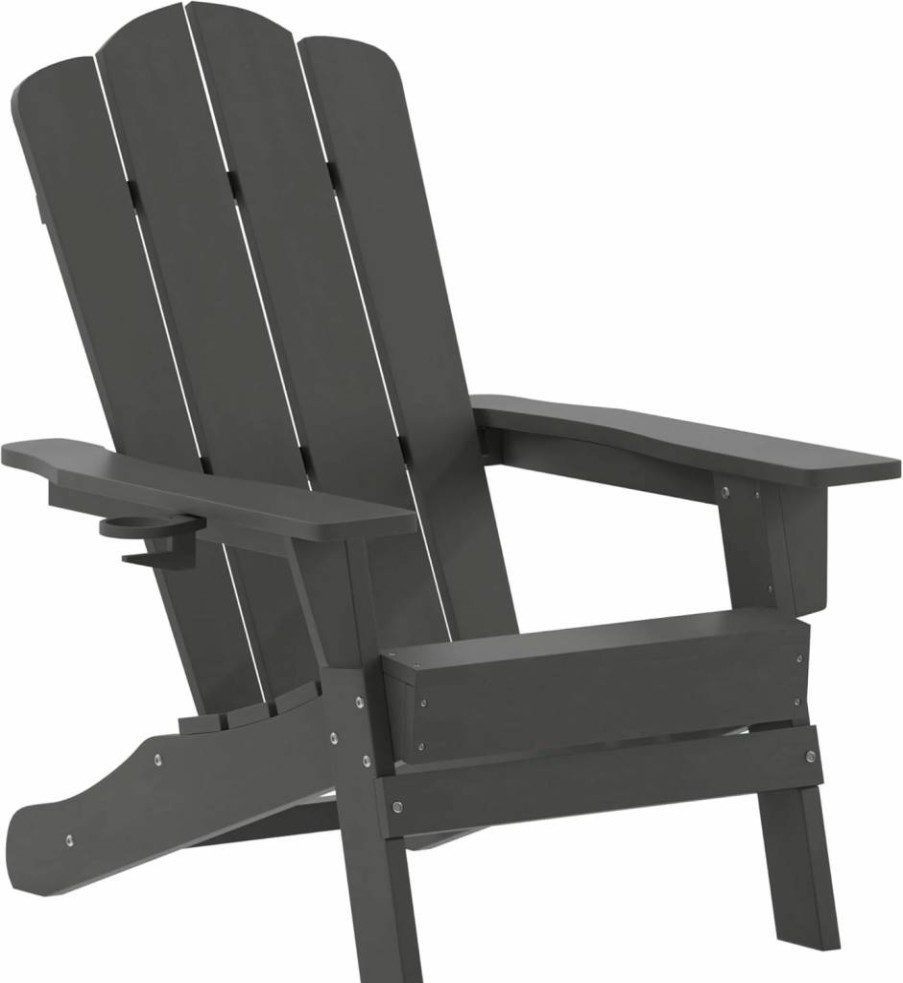 Flash Furniture Newport Poly Resin Adirondack Chair - Weather-Resistant Outdoor Lounge Chair with Cup Holder, Brown