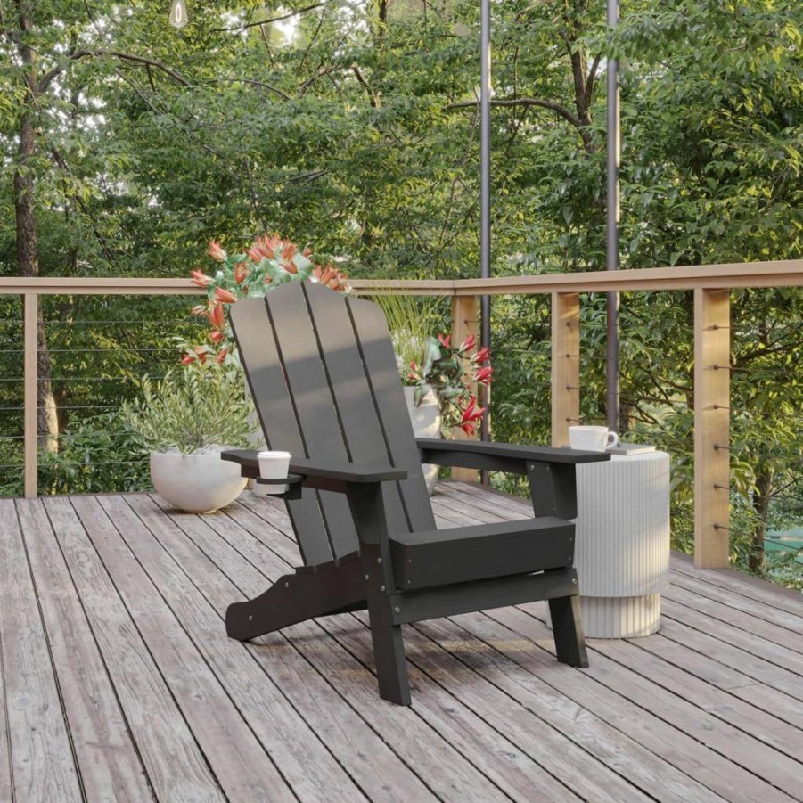 Flash Furniture Newport Poly Resin Adirondack Chair - Weather-Resistant Outdoor Lounge Chair with Cup Holder, Brown