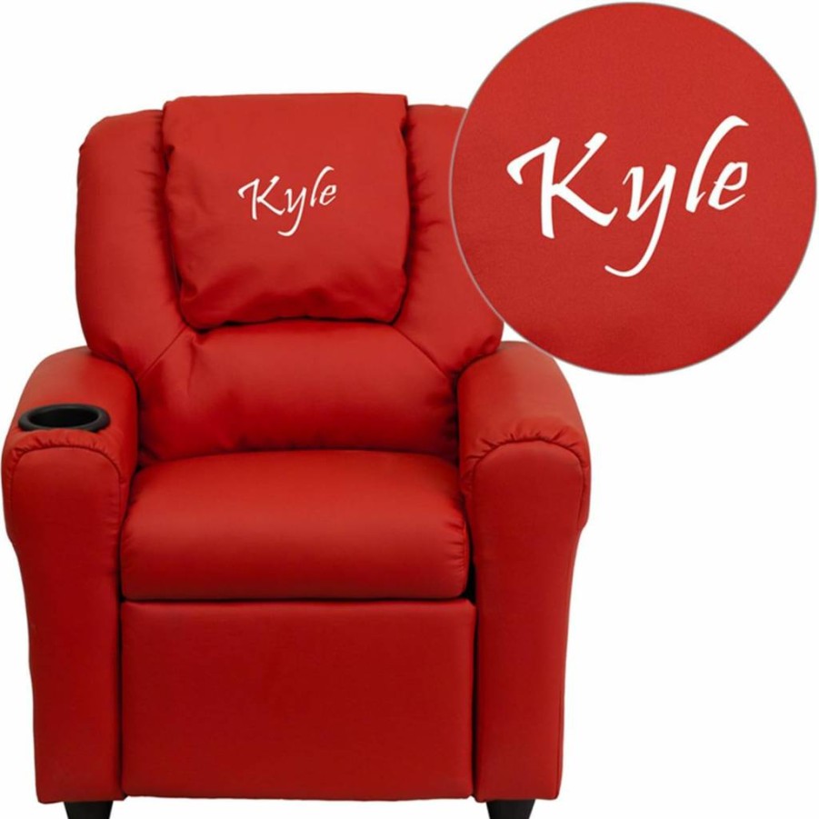 Flash Furniture Kids Recliner Chair - Personalized Red Vinyl, Cup Holder & Headrest, Comfortable Seating for Children