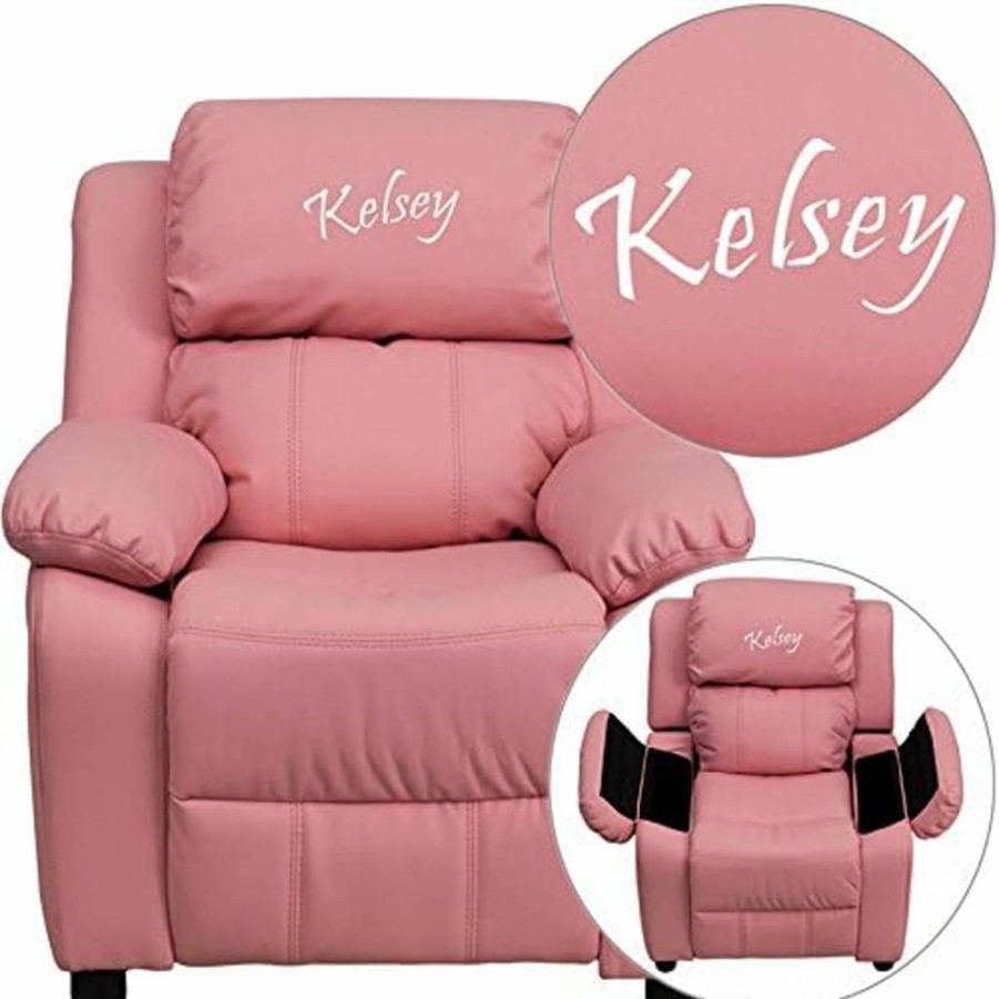 Flash Furniture Personalized Deluxe Pink BT-7985 Kids Recliner with Storage Arms - Vinyl Padded Chair for Children