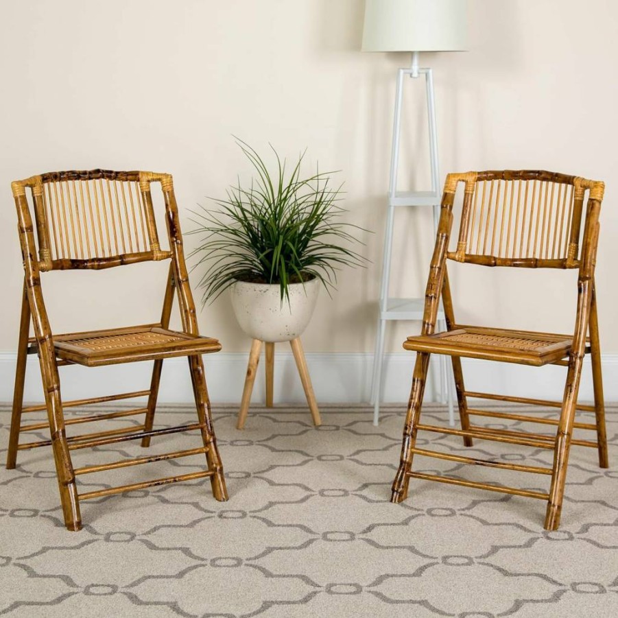 Flash Furniture 2-Pack Bohemian Bamboo Folding Chairs, Curved Back Modern Dining Chairs, 300lb Capacity, Lightweight Portable Indoor Outdoor Seating