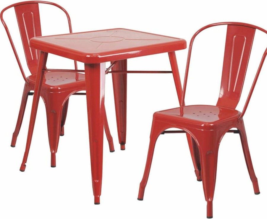 Flash Furniture 23.75" Square Black Metal Table with 2 Stackable Chairs for Indoor Outdoor Use