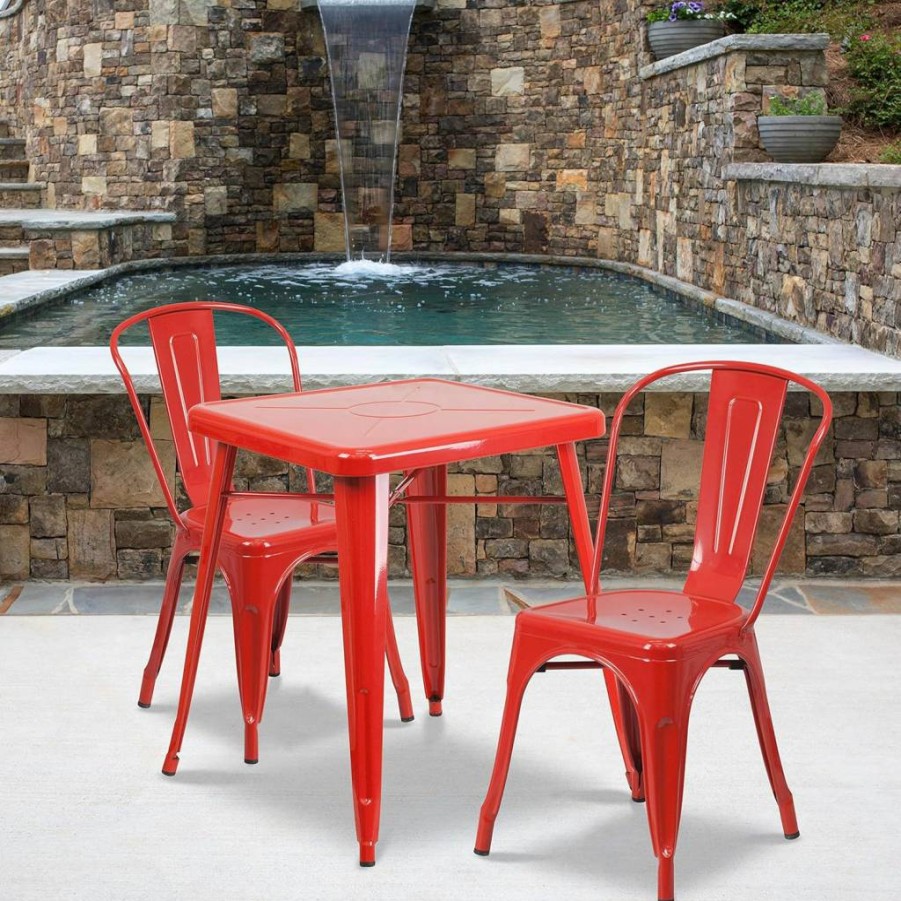 Flash Furniture 23.75" Square Black Metal Table with 2 Stackable Chairs for Indoor Outdoor Use