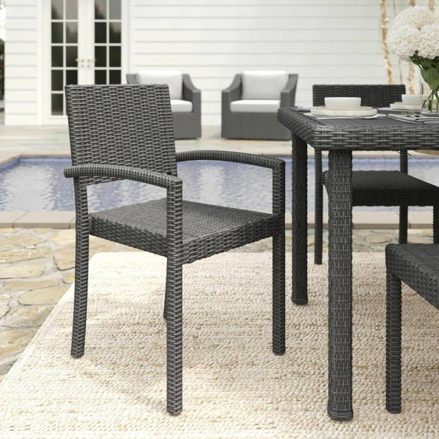 Martha Stewart Bedford Indoor-Outdoor Brown Rattan Wicker Stackable Patio Armchairs, Set of 2