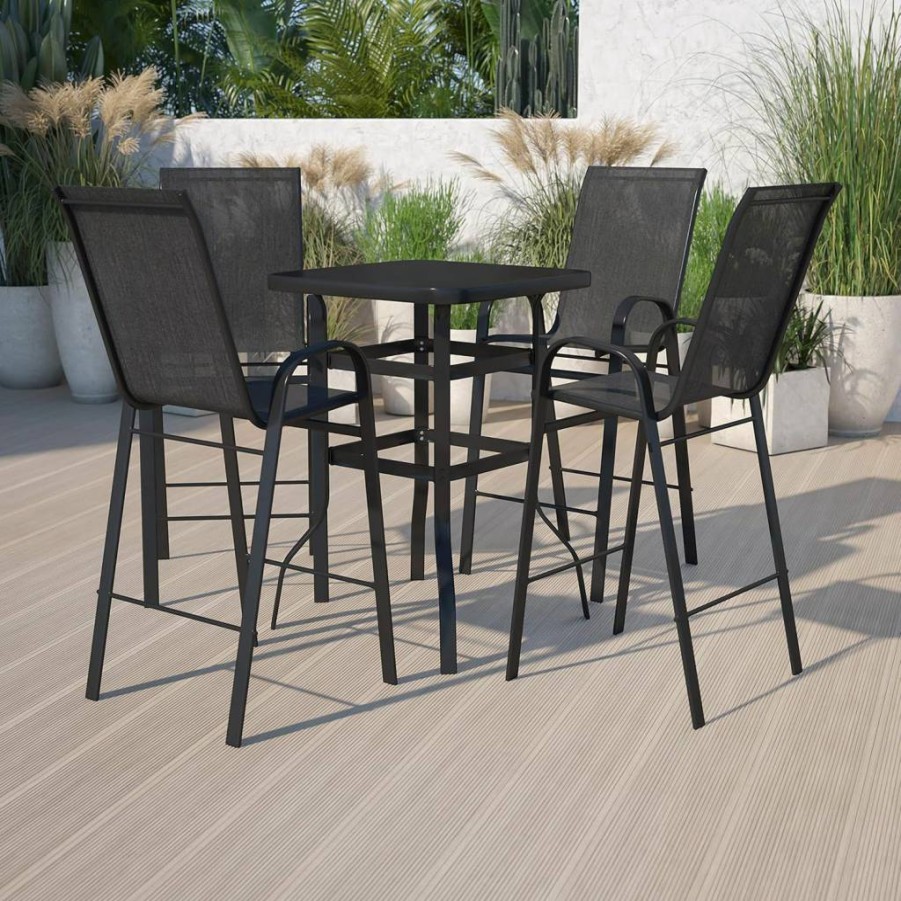 Flash Furniture 5-Piece Brazos Outdoor Bar Set with Glass Table and 4 Navy Bar Stools - Patio Dining Collection