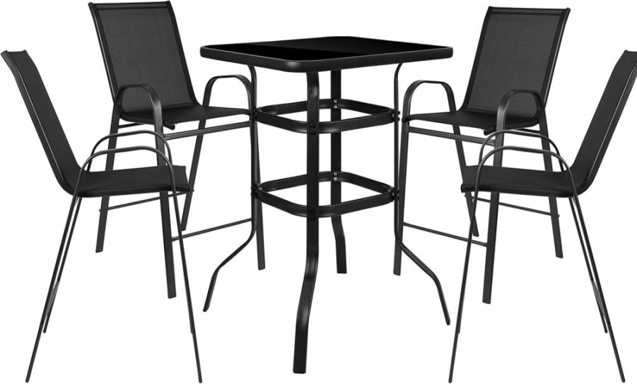 Flash Furniture 5-Piece Brazos Outdoor Bar Set with Glass Table and 4 Navy Bar Stools - Patio Dining Collection