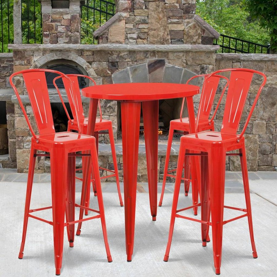 Flash Furniture Callum 30-Inch Round Green Metal Bar Table Set with 4 Stools for Indoor-Outdoor Use, Commercial Grade Cafe Height Dining