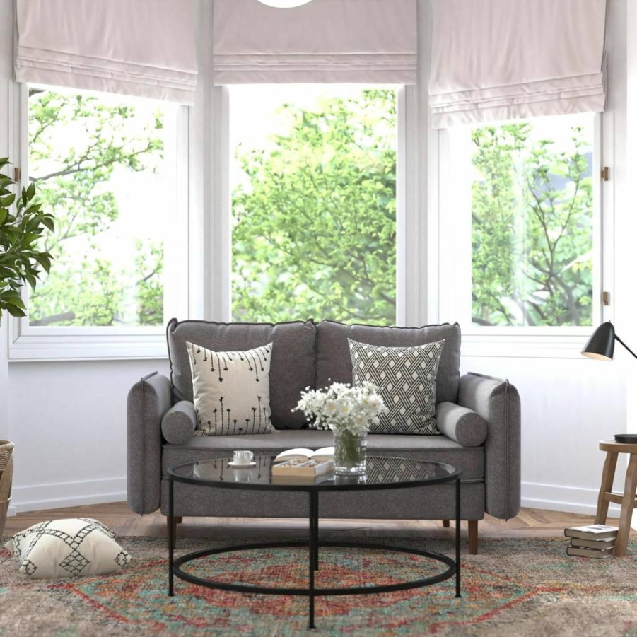 Flash Furniture Evie Mid-Century Modern Loveseat - Taupe Faux Linen Upholstery, Solid Wood Frame, Compact Two-Seater Sofa for Living Room