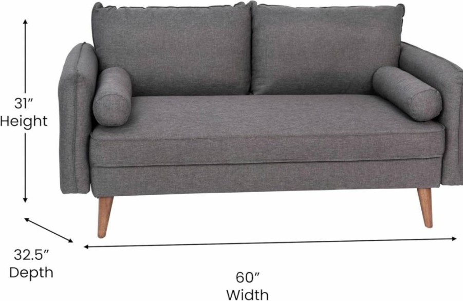 Flash Furniture Evie Mid-Century Modern Loveseat - Taupe Faux Linen Upholstery, Solid Wood Frame, Compact Two-Seater Sofa for Living Room