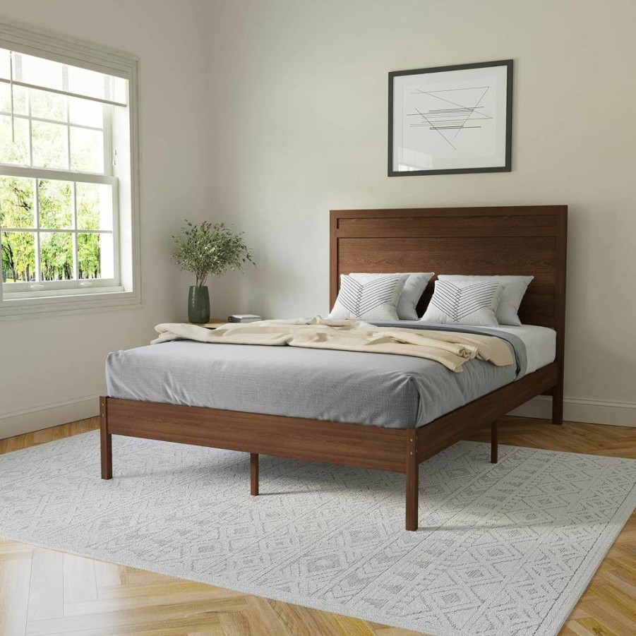 Flash Furniture Kingston Solid Wood Queen Bed with Headboard - No Box Spring Needed, Brown Wooden Slat Platform Bed