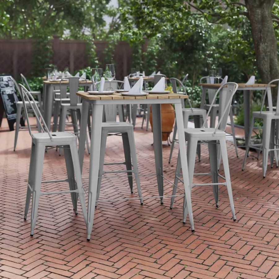 Flash Furniture 31.5" Square Bar Table - All Weather Poly Resin Top, Steel Base, Brown/Black - Indoor/Outdoor Commercial Use