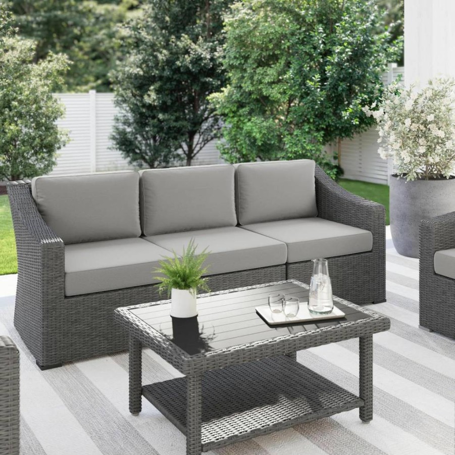 Martha Stewart Bedford 3-Piece Modular Patio Sofa Set with Rattan Wicker Finish & All-Weather Tan Cushions for Indoor-Outdoor Use