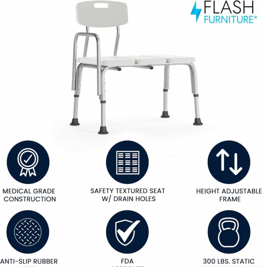 Flash Furniture Hercules Series 300 lb. Capacity Adjustable White Shower Bench with Backrest and Armrests – Heavy-Duty Transfer Seat for Bath Safety