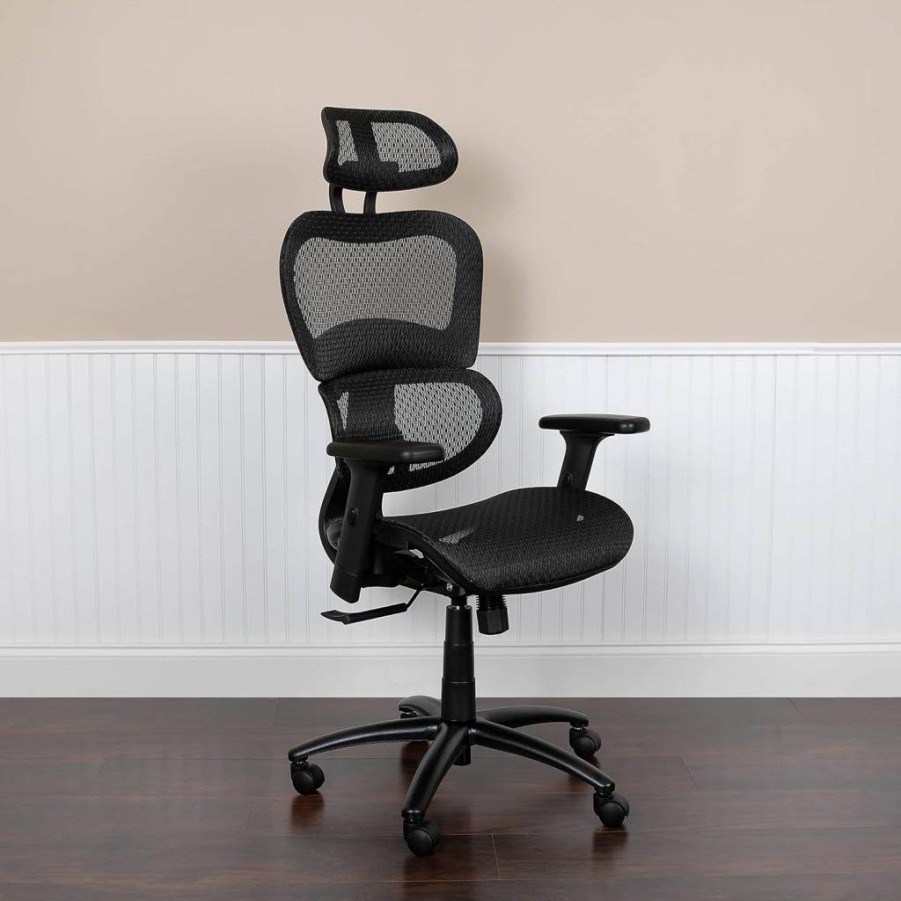 Flash Furniture Ergonomic Mesh Office Chair with Synchro-Tilt, Adjustable Headrest, Lumbar Support & Pivot Arms - Black