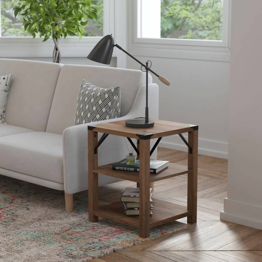 Flash Furniture Wyatt 3-Tier Side Table - Modern Farmhouse Design with Rustic Oak Finish & Black Metal Accents