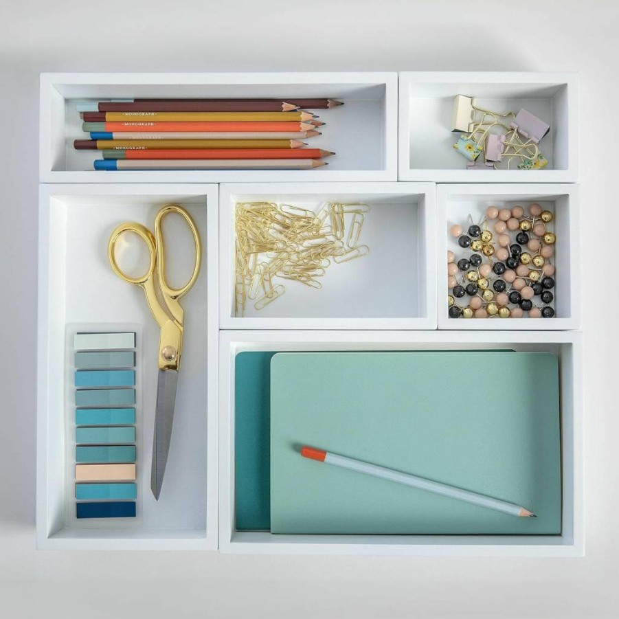 Martha Stewart 6-Piece Enzo Wooden Desk Drawer Organizer Set - Natural Paulownia Wood Storage Trays in Multiple Sizes